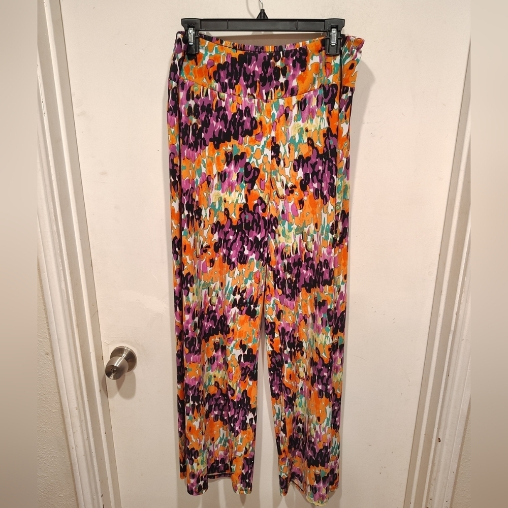 Cato Women's Colorful Slinky Wide Leg Pull-On Pants Sz XL Boho Artsy Vacation